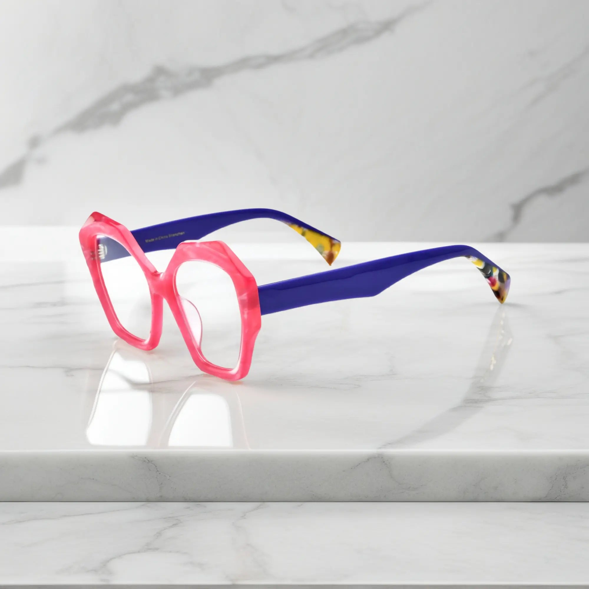 Elegant side angle highlighting the pastel purple arms and curved silhouette of Lilac Frost frames.